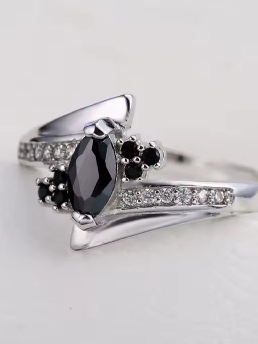 .925 Elegant Black Solitaire Silver Ring - Black Crystal Accent